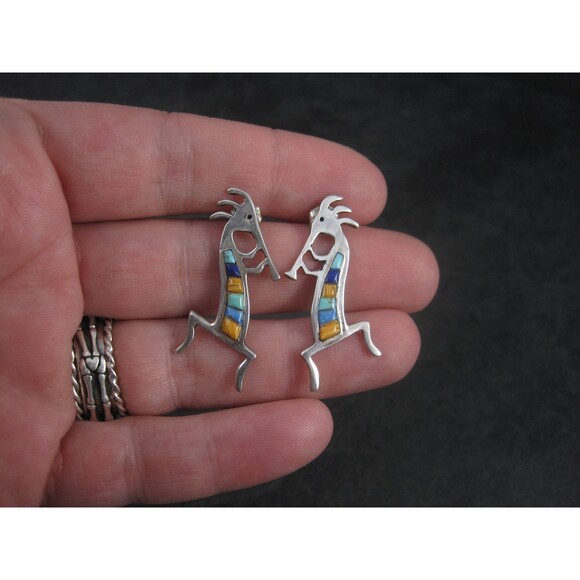 Vintage Southwestern Sterling Kokopelli Inlay Earrings - Picture 6 of 10